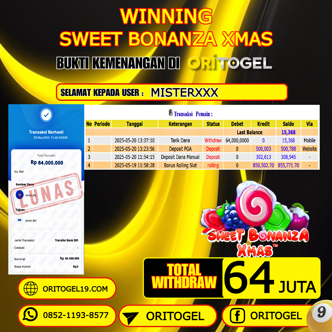ORITOGEL JACKPOT SLOT SWEET BONANZA XMAS RP.64.000.000,- LUNAS USER ID :MISTER***