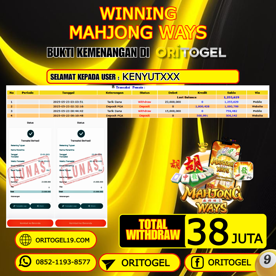 ORITOGEL JACKPOT SLOT MAHJONG WAYS RP.38.000.000,- LUNAS USER ID : KENYUT***