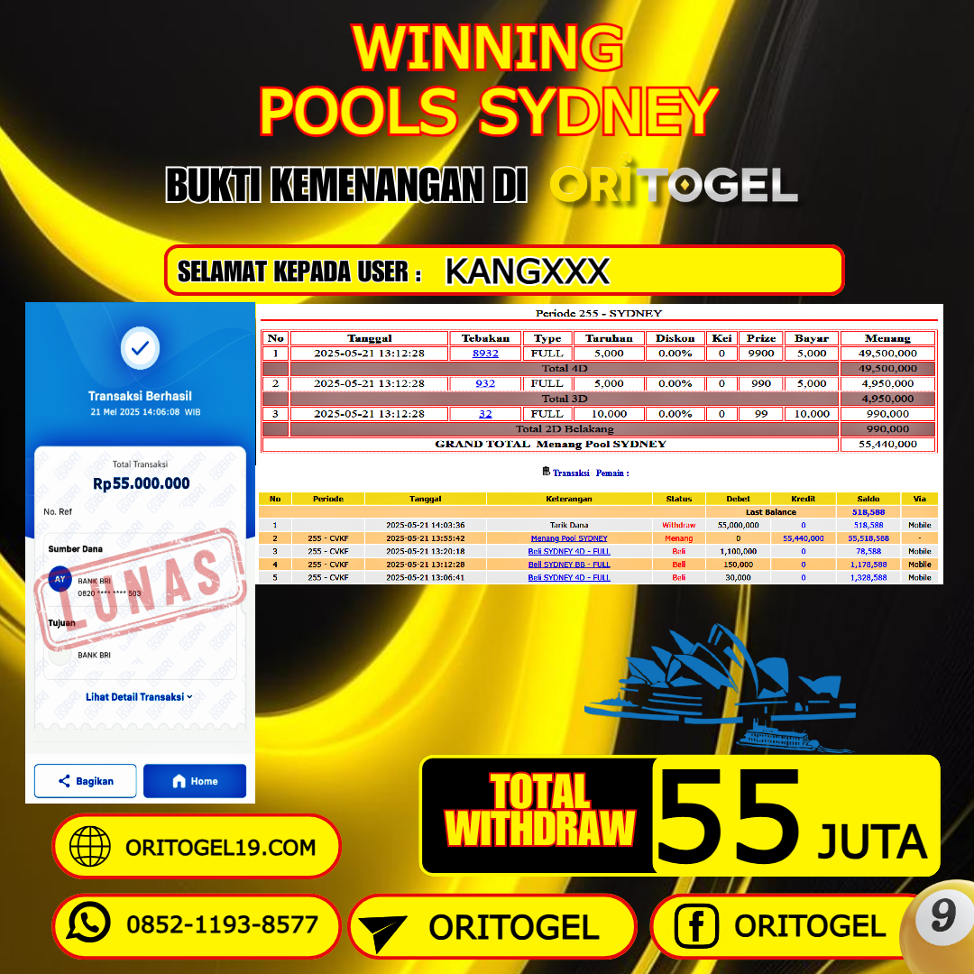 ORITOGEL JACKPOT TOGEL SYDNEY RP.55.000.000,- LUNAS USER ID : KANG***
