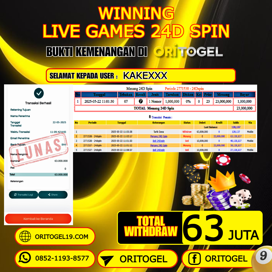ORITOGEL JACKPOT LIVE GAMES 24D SPIN RP.63.000.000,- LUNAS USER ID : KAKE***