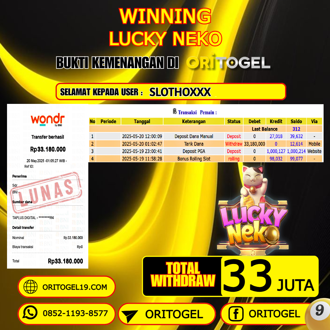 ORITOGEL JACKPOT SLOT LUCKY NEKO RP.33.000.000,- LUNAS USER ID :SLOTHO***