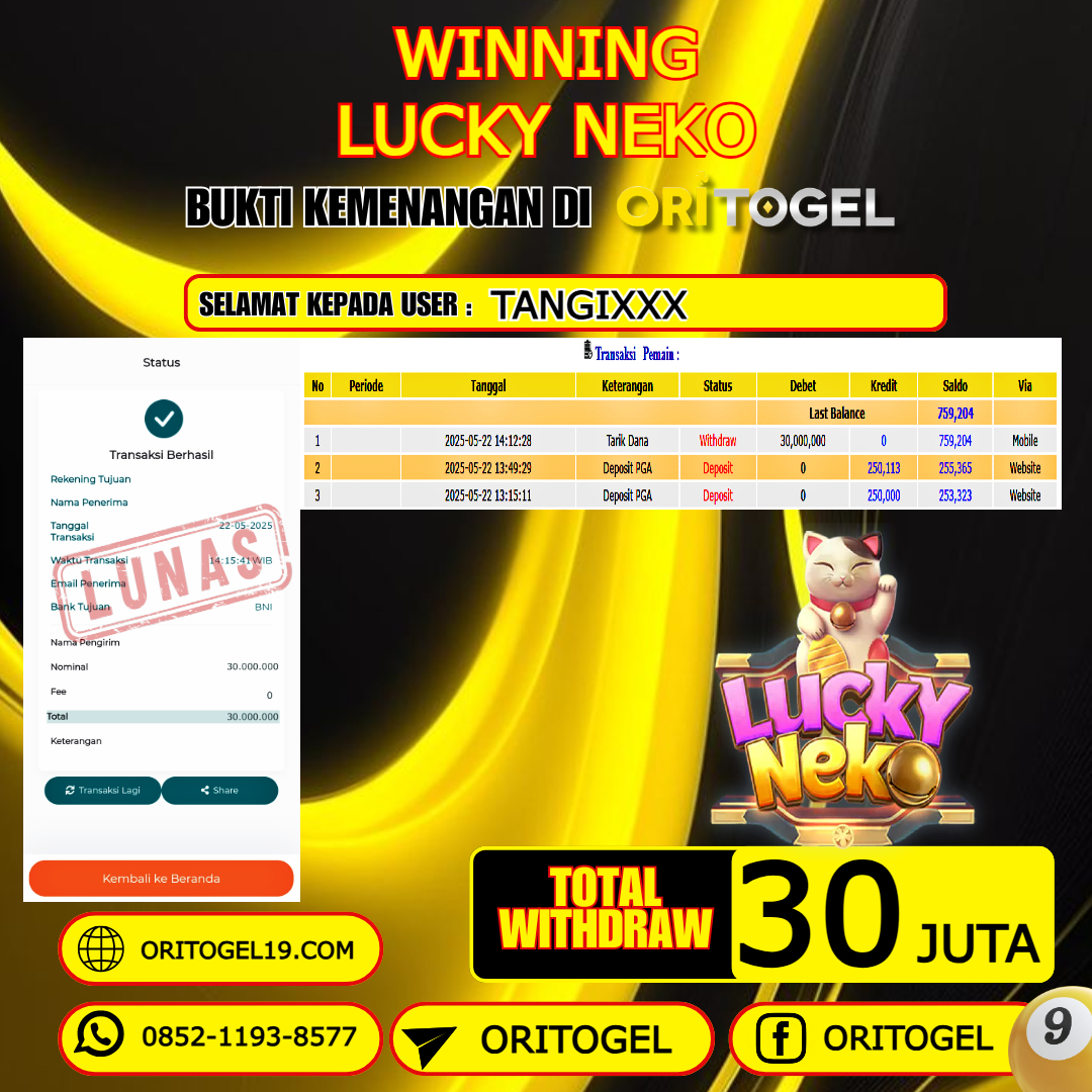 ORITOGEL JACKPOT SLOT LUCKY NEKO RP.30.000.000,- LUNAS USER ID : TANGGI***