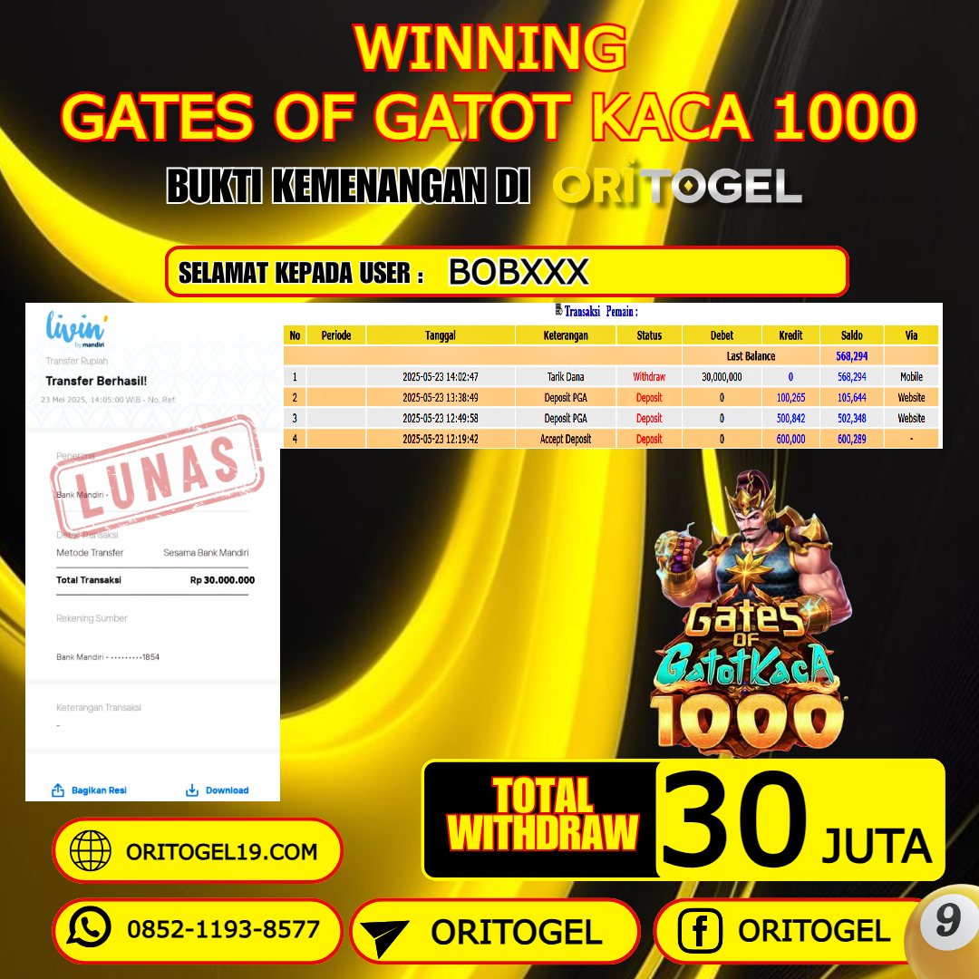 ORITOGEL JACKPOT SLOT GATES OF OLYMPUS 1000 RP.30.000.000,- LUNAS USER ID : BOB***