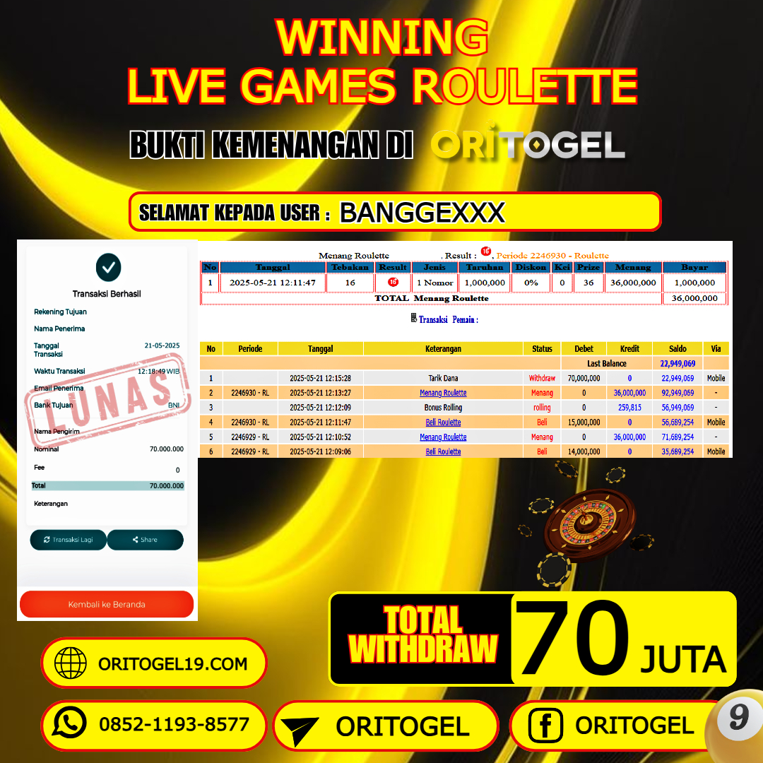 ORITOGEL JACKPOT LIVE GAMES ROULETTE RP.70.000.000,- LUNAS USER ID :BANGGE***