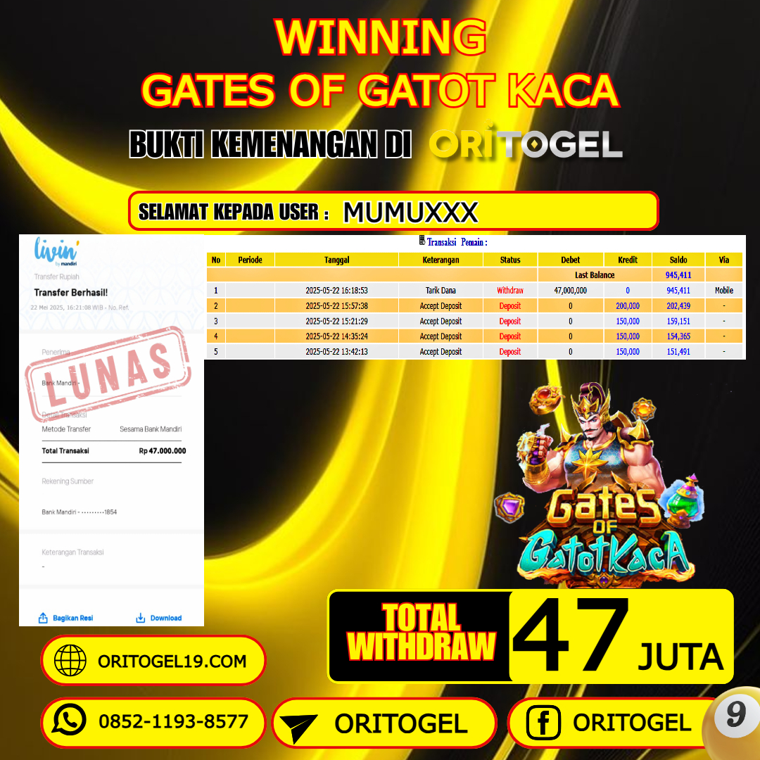 ORITOGEL JACKPOT SLOT GATES OF GATOT KACA RP.47.000.000,- LUNAS USER ID : MUMU***
