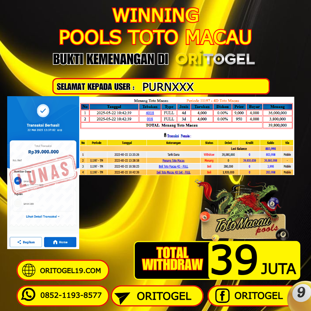 ORITOGEL JACKPOT TOGEL TOTO MACAU RP.39.000.000,- LUNAS USER ID : PURN***